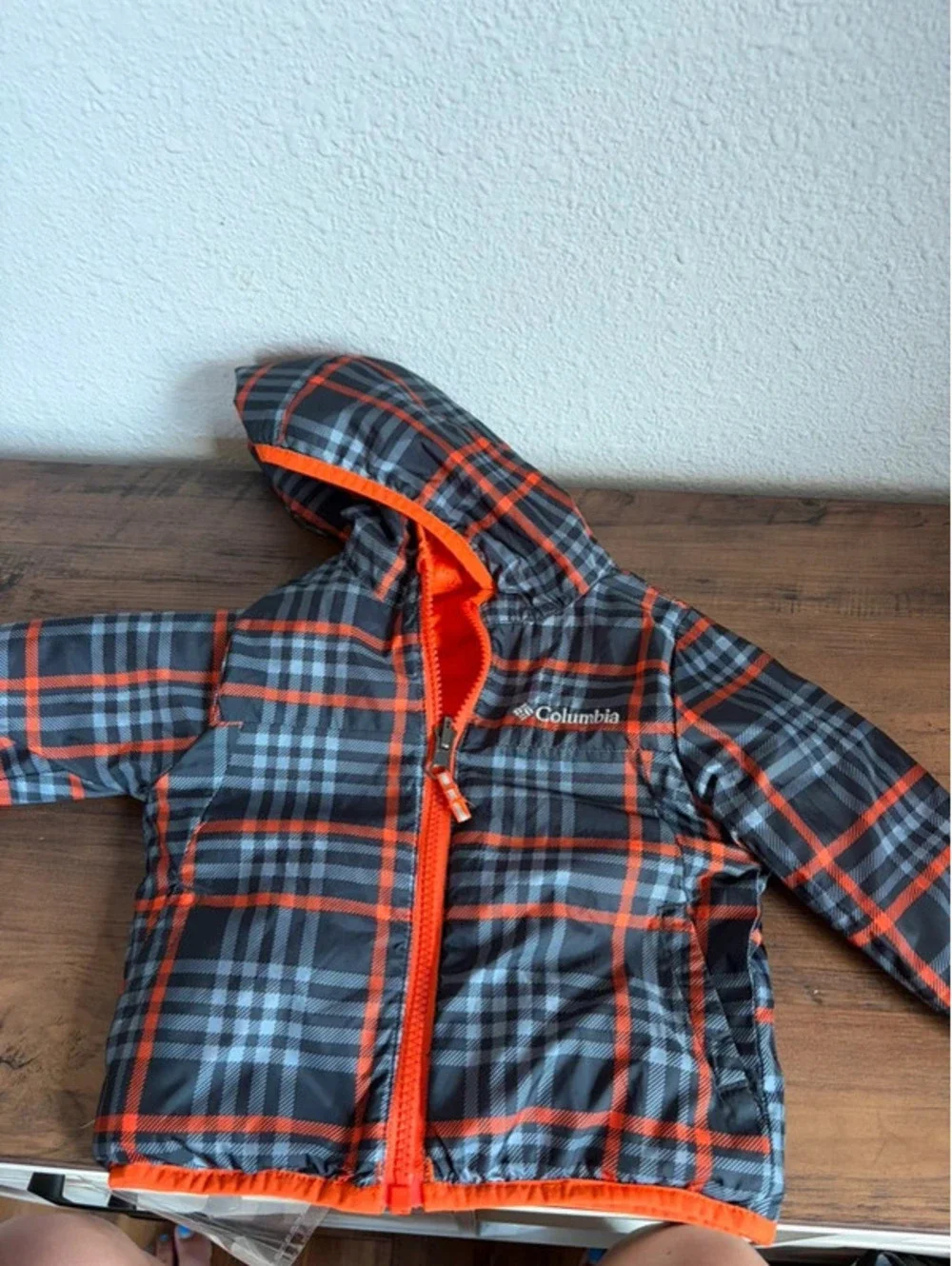 Columbia Reversible Orange/Plaid Puffer Coat size 6-12M